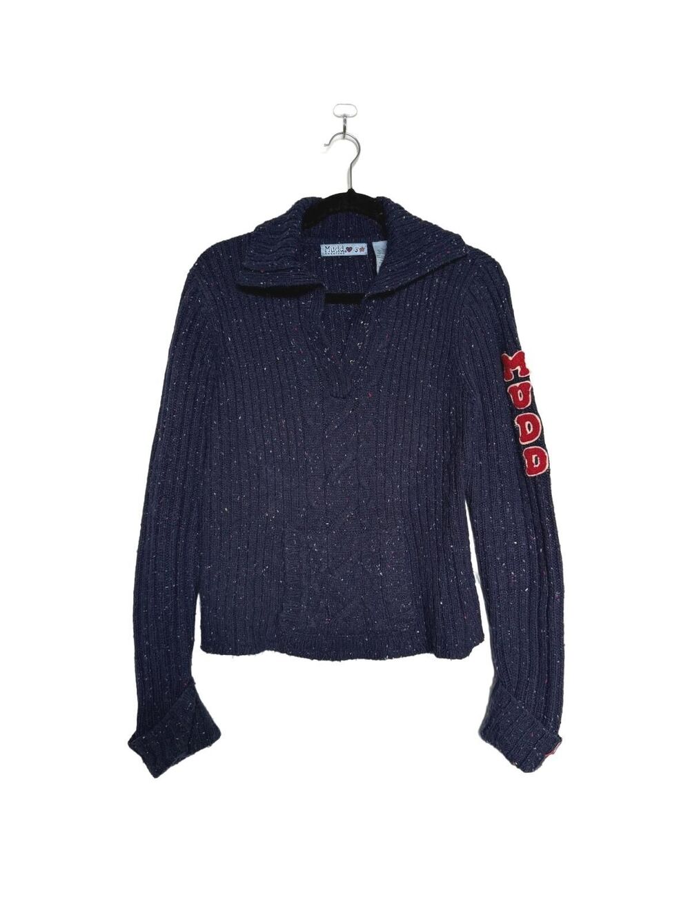 Vintage Y2K Mudd Navy Ribbed Knit Pullover Sweater with Red Lettering